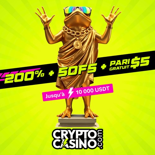 CryptoCasino.com : bonus de 200 % jusqu'à 10 000 USDT, 50 tours gratuits et 5 $ de pari gratuit